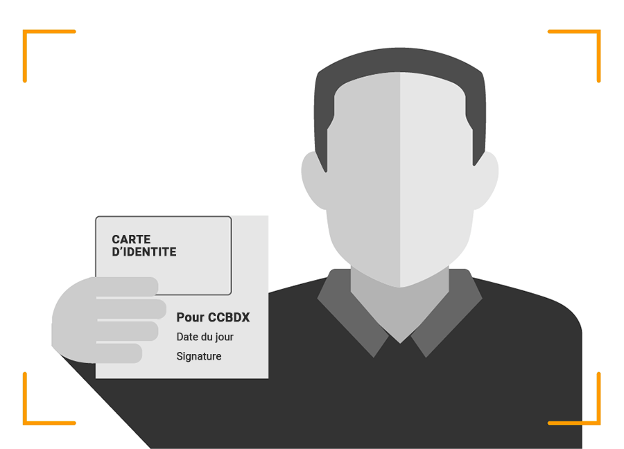 Photo de vous tenant votre pièce d'identité accompagné de message 'Pour CCBDX' signé et daté
